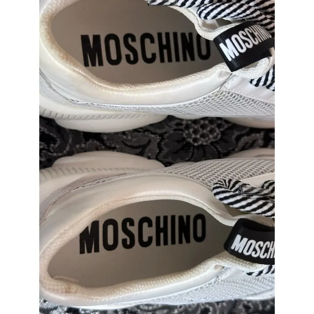 Moschino Shoes Womens 7 Teddy Bear Sneakers White Grey‎ Chunky Designer Mesh Box